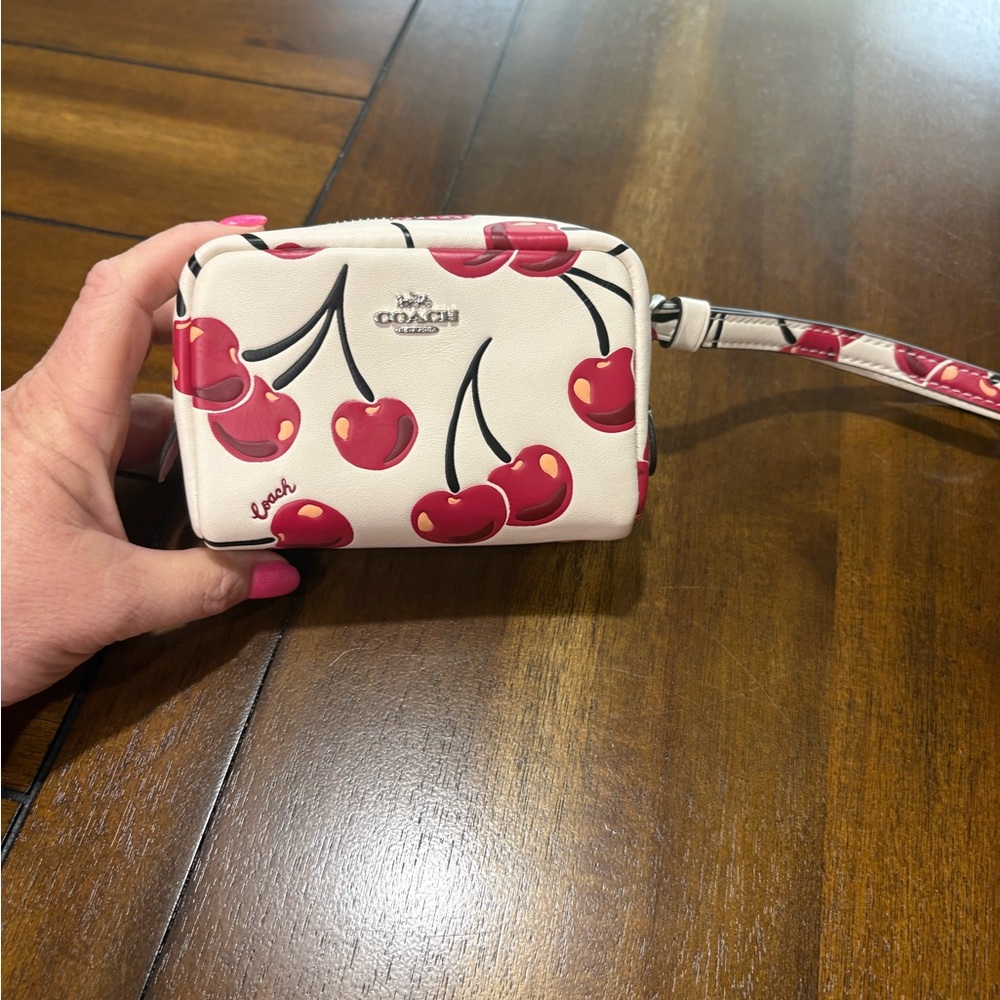 Coach Cherry Print small wristlet pouch-silver hardware